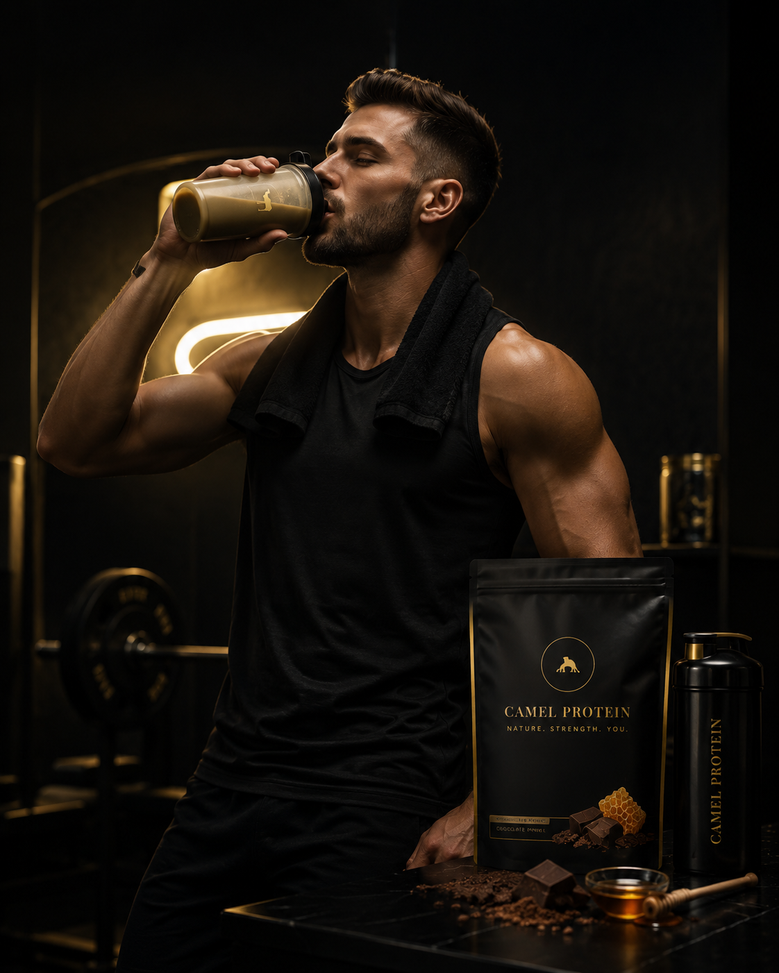 Camel Protein lifestyle — athlete with signature pouch and shaker