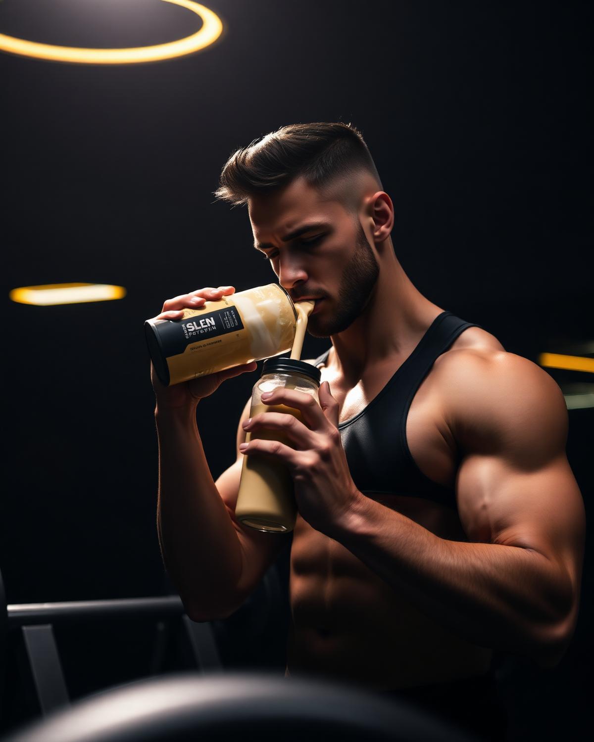 Athlete drinking a protein shake in a dark gym